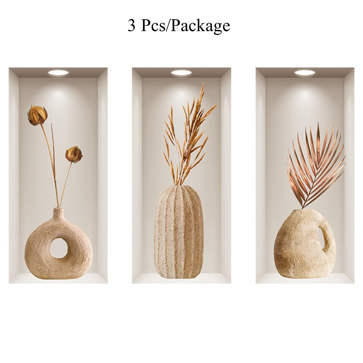 LOONELO 3D Dried Flower Vase Wall Stickers, 3Pcs Rustic Blossom PVC Wall Decals, Removable 3D Floral Wall Art for Living Room, Bedroom, Entryway, Sofa Backdrop, Yoga Studio, Office, Home Decor