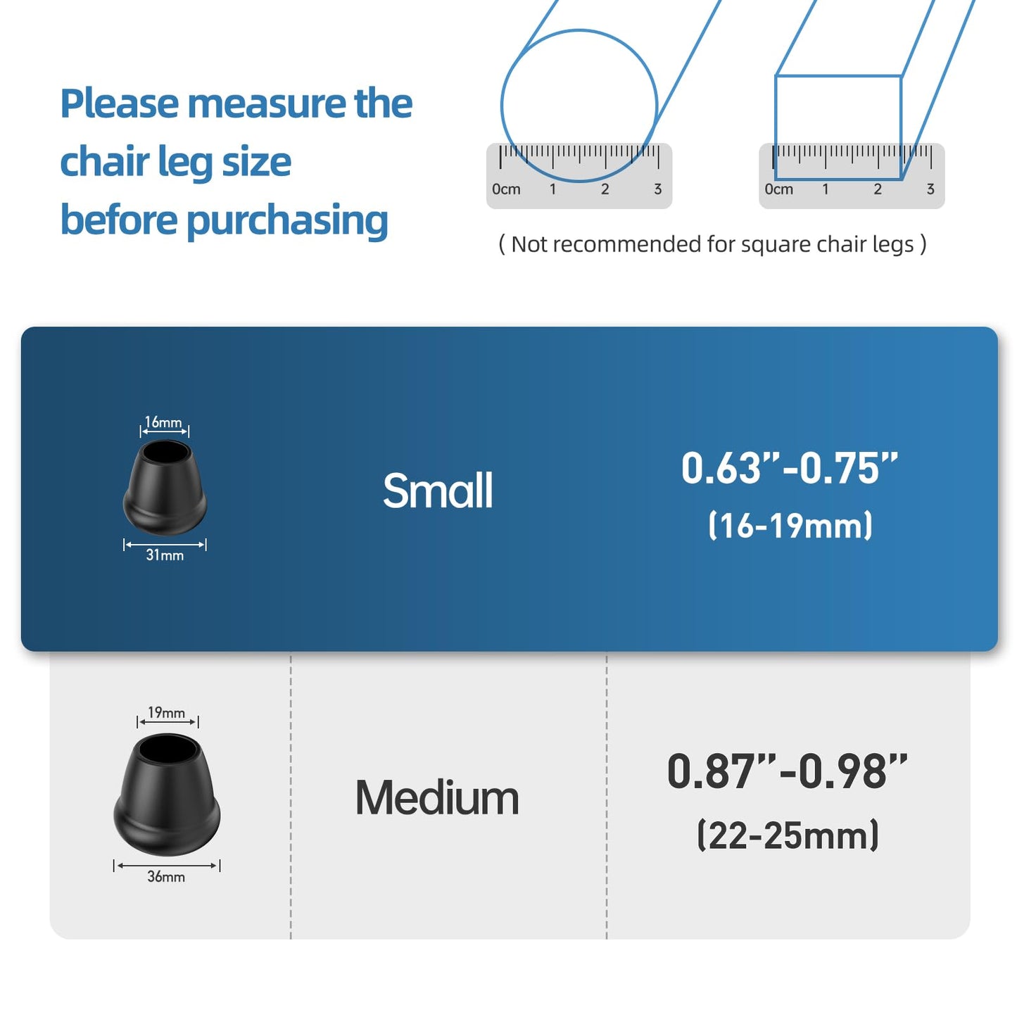 0.75 Inch Heavy Duty Rubber Chair Leg Caps - 8 PCS Non-Slip Furniture Floor Protectors with Metal Inserts for Wood, Tile, Carpet - Fits Chairs,Stools,Bar Stools