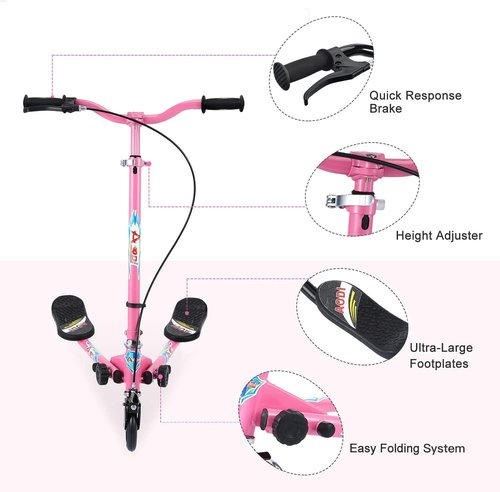 AODI Swing Scooter for Kids, 3 Wheels Foldable Wiggle Kick Scooter Push Drifting with 4 Adjustable Handlebar & 2 Rear LED Wheel for Boys and Girls Ages 3-8