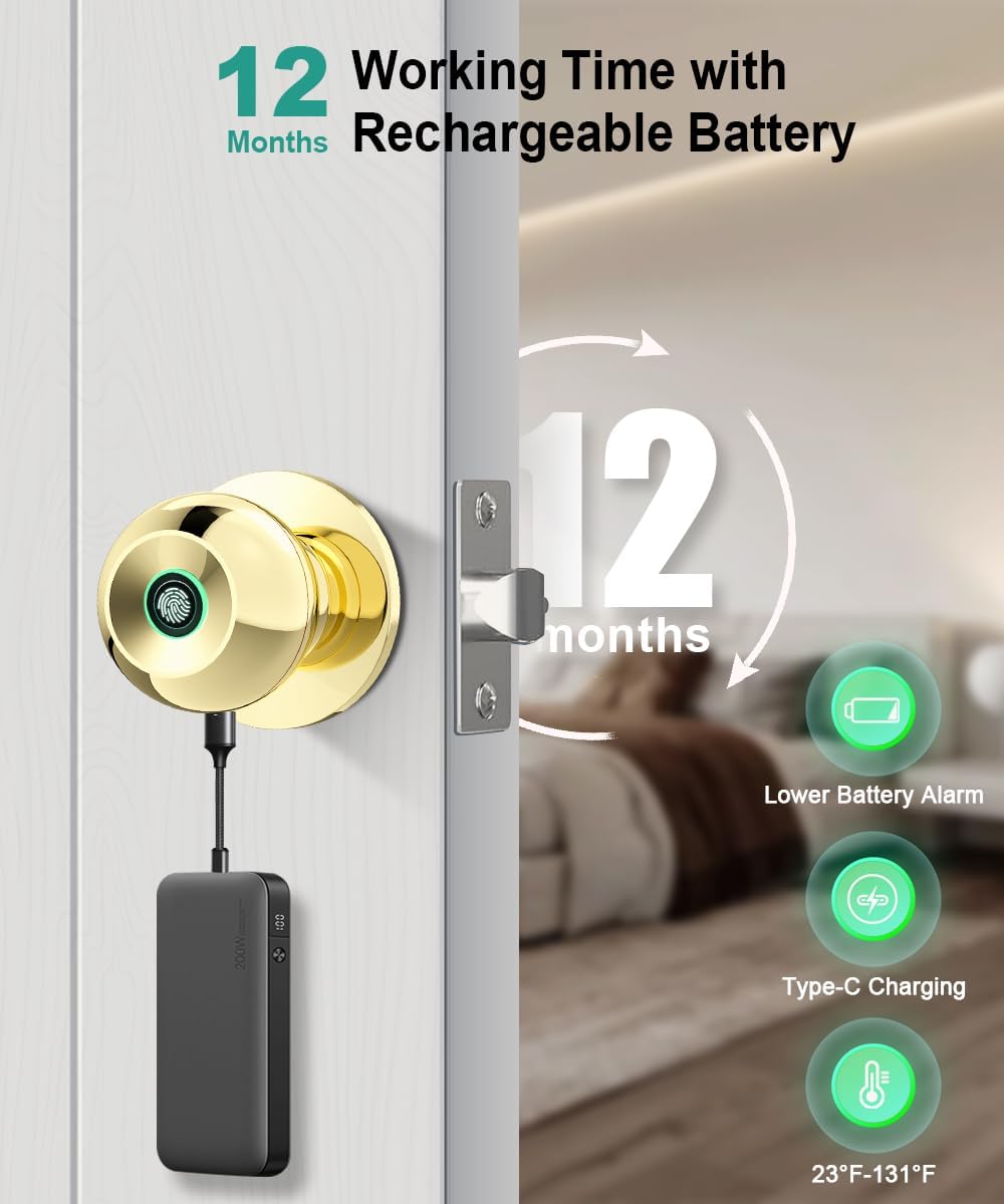 Smart Fingerprint Door Lock - Biometric Keyless Entry Knob with App Control for Home, Office & Garage