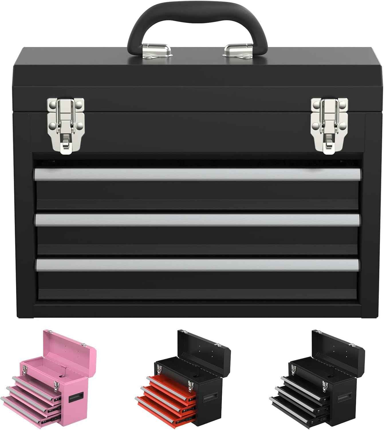 Portable Pink 3-Drawer Steel Tool Box with Locking System for Tool Storage