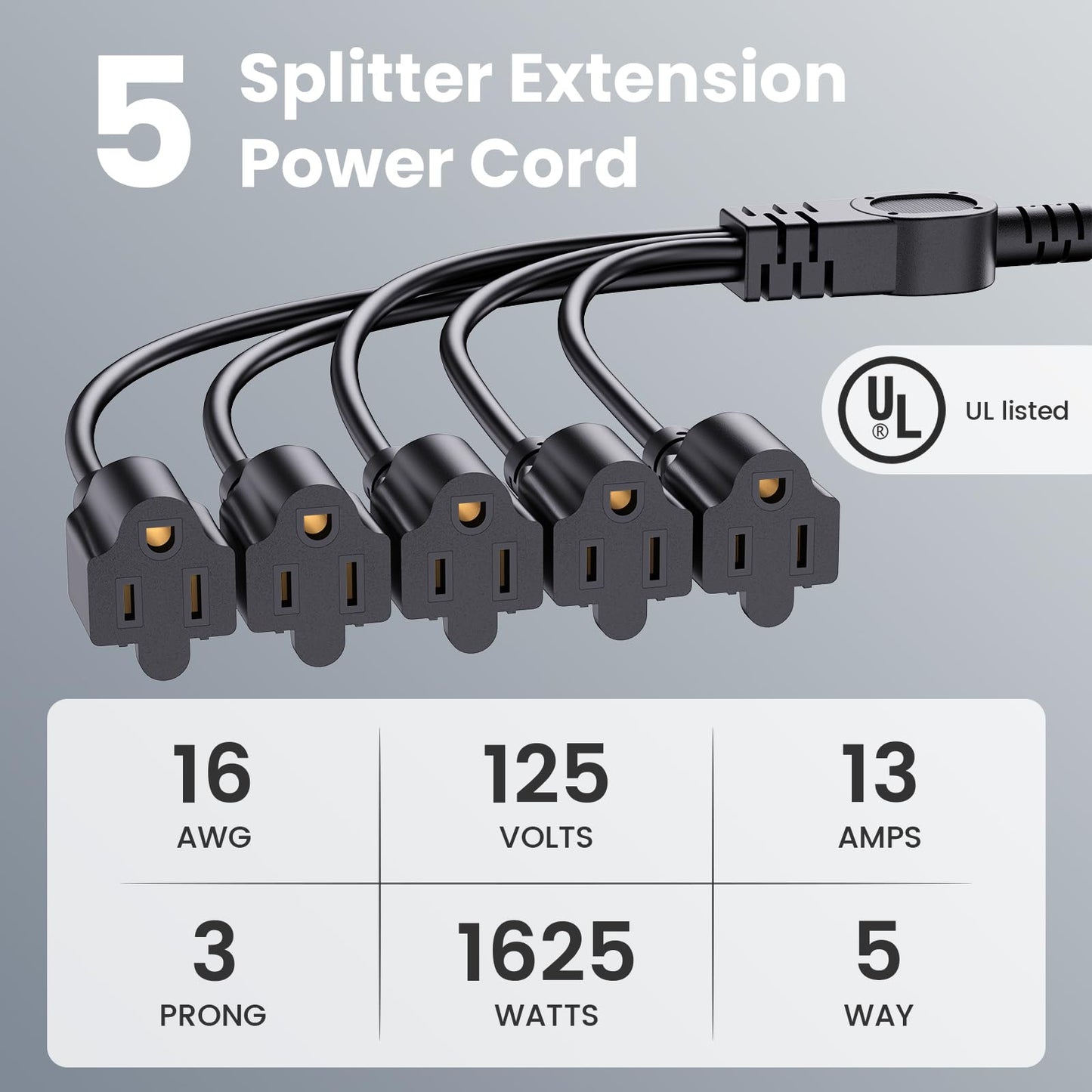 Extension Cord with 1 to 5 Splitter 16 AWG 13A 1625W 20 Inch Black 2 Pack | Outdoor Y-Style SJTW Cord NEMA 5-15P to 5-15R