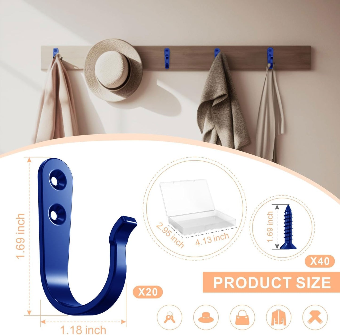 20PCS Wall Hooks for hanging, Metal Wall Hooks for Coats, Coat hooks for Wall, Heavy Duty Single Prong Wall Hooks With 40 Pieces Screws for Hanging Coats,Towel,Backpack,Hat, Dog Leashes (Blue)