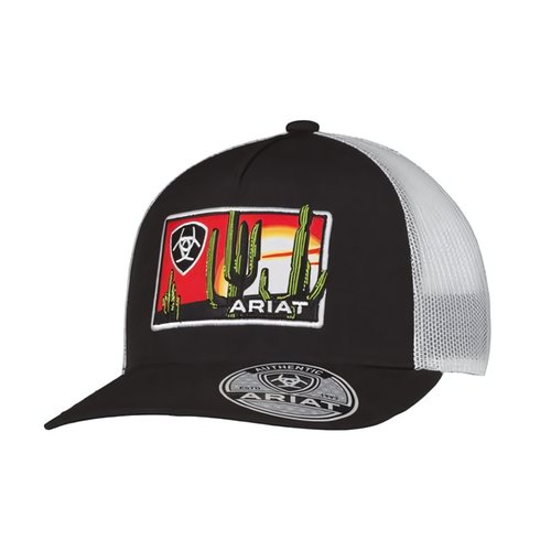 Ariat Men's Trucker Cap with Desert Scene Patch and Snapback Closure (Black)