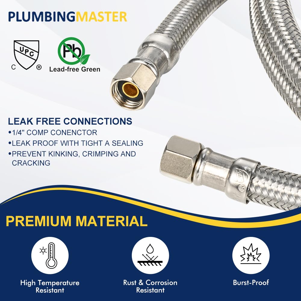 5ft Ice Maker Water Line Stainless Steel Braided – Flexible Refrigerator Water Supply Tube with 1/4" Quick Connect Fitting, Universal Fit