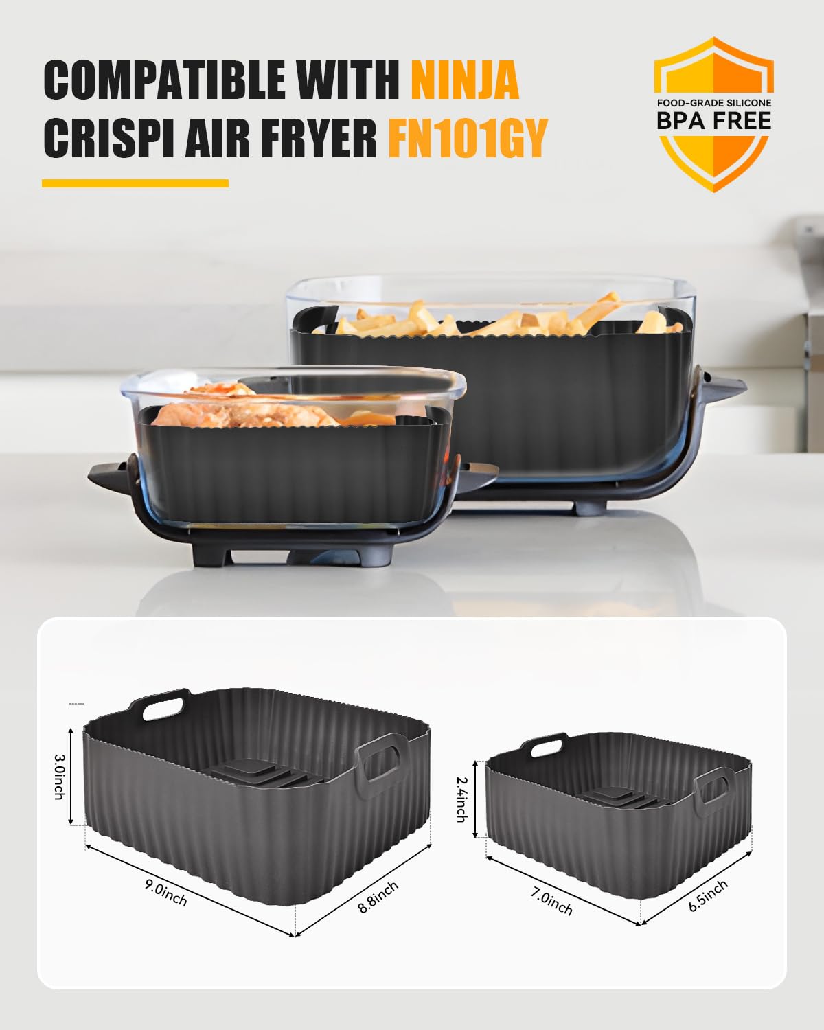 Air Fryer Silicone Liners for Ninja Crispi FN101GY,Non-Stick Ninja Glass Air Fryer Accessories,Big Liner for 4 QT Container & Small Liner for 6 Cups Container,Reusable Airfryer Replacement Insert,Gray