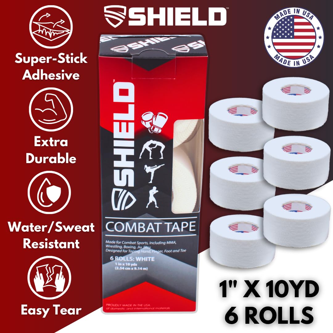 SHIELD Combat Tape | Boxing Tape for Hands, USA Made, Athletic Tape 1 inch, Easy-Tear, 1" Inch x 10 Yards, 6 Pack, Boxing MMA, Muay Thai, White