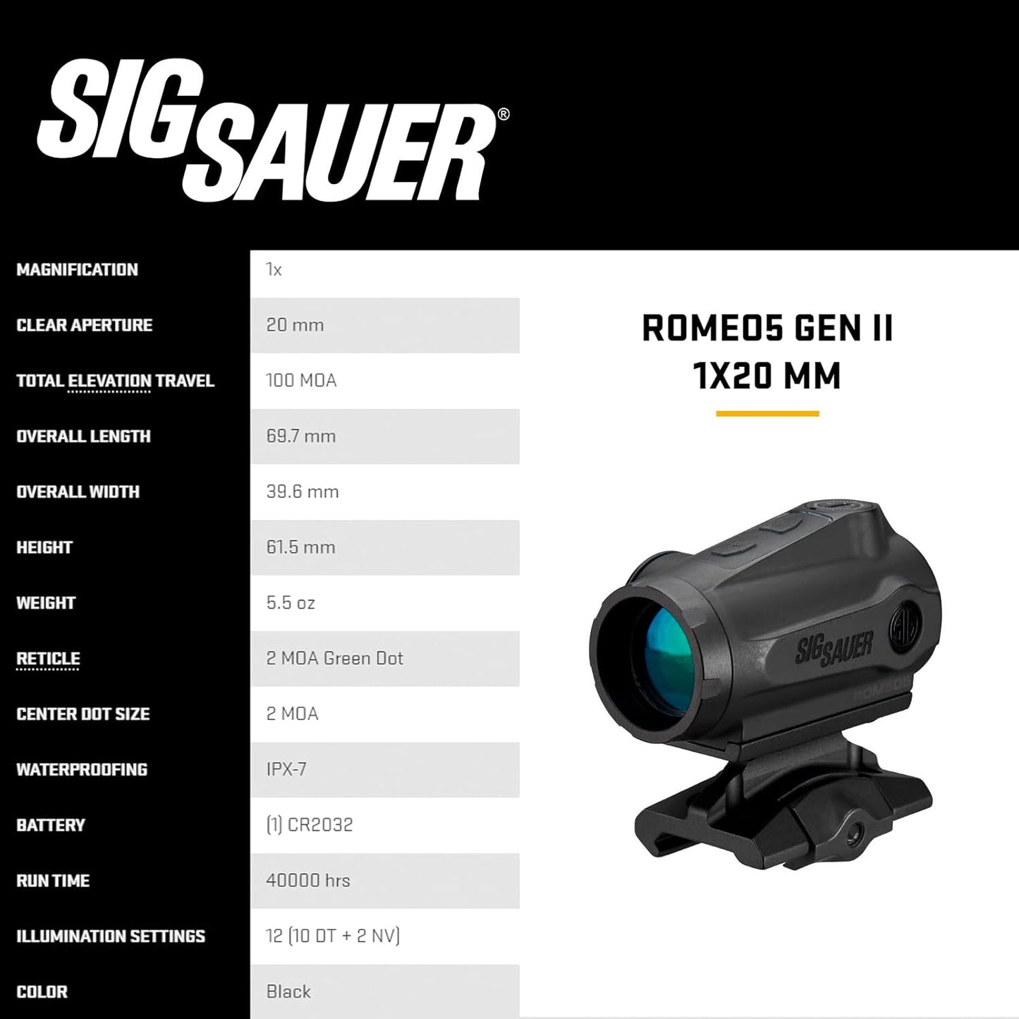 SIG SAUER Romeo5 Gen II 1x20mm Compact Waterproof Rifle Dot Sight - 12 Illumination Settings, Parallax-Free Design