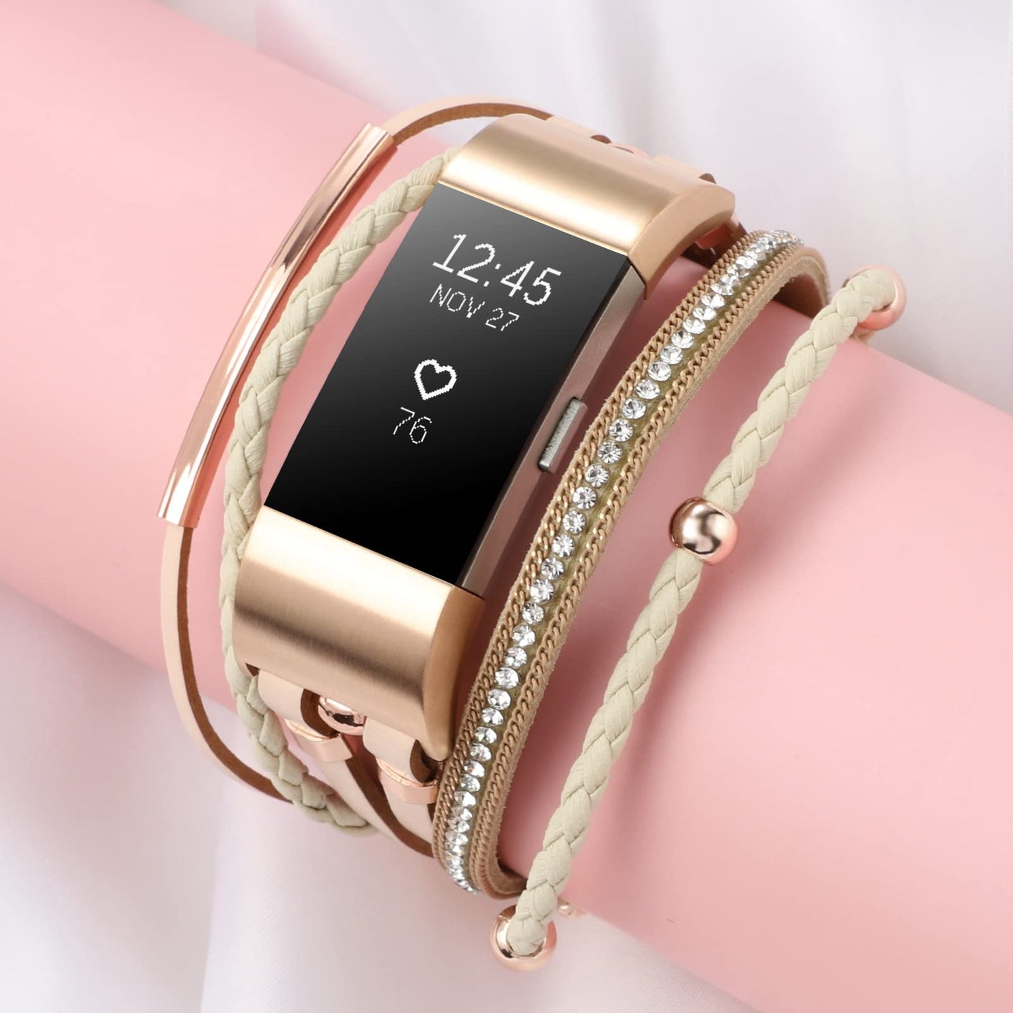 Posh Leather Band Compatible with Fitbit Charge 2 Bands, Boho Handmade Bracelet Multilayer Wrap Layered Wristbands Compatible for Women (Khaki with Rose Gold)