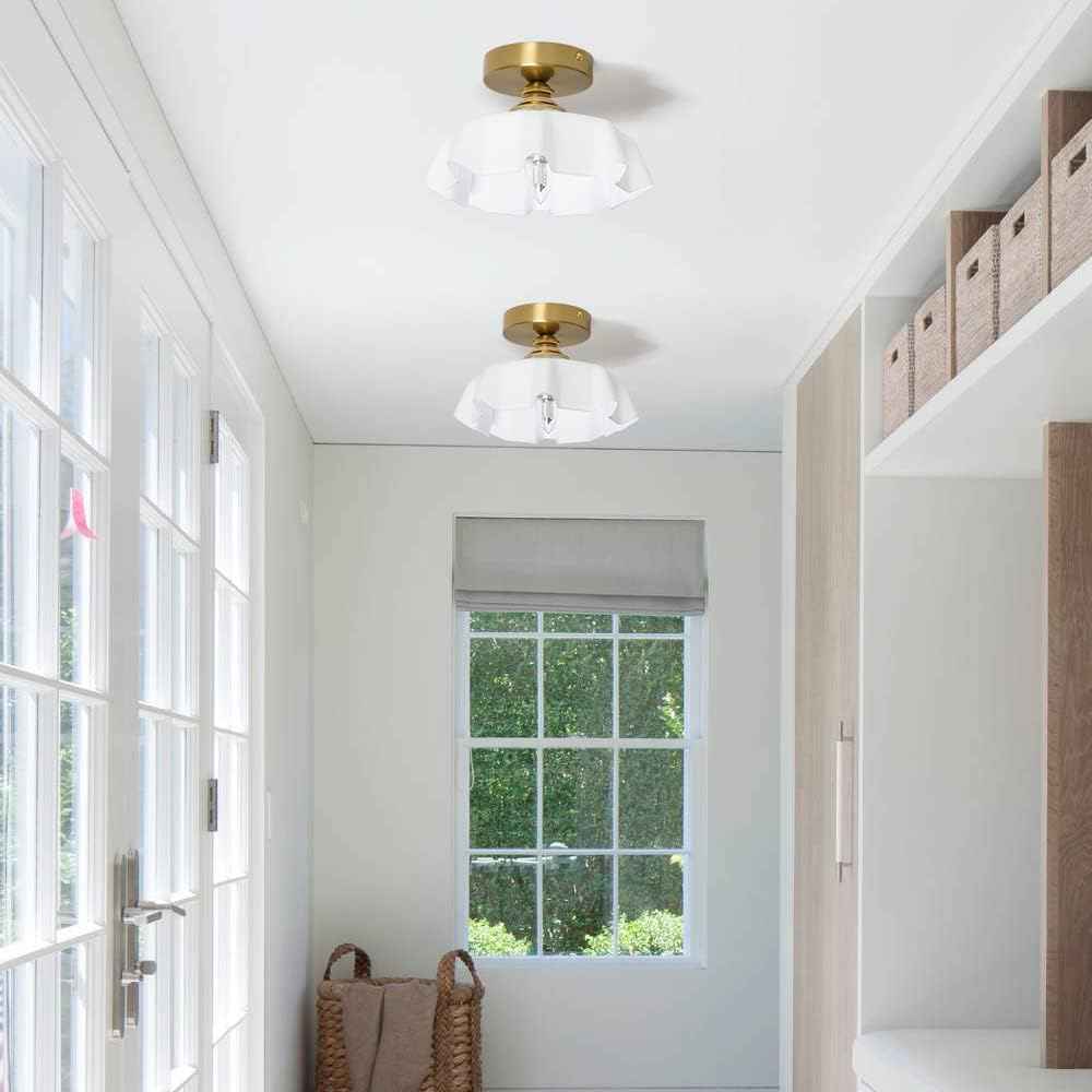 Vintage Pink Flush Mount Ceiling Light - Brass Semi-Flush Fixture with Flower Glass Shade for Small Rooms & Hallways