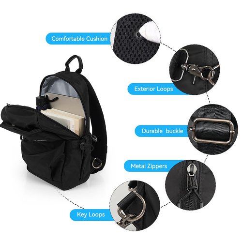 Crossbody Sling Bag For Men Women,Water-Resistant black nylon Single-shoulder bag, With USB interface lightweight Chest Pack,For Commute cycing travel running Everyday use