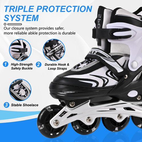 ZHUKAIKJ Kids Inline Skates for Boys and Girls, 4 Size Adjustable Inline Skates with All Light Up Wheels for Toddler Kids Beginner Outdoor Indoor Sport (Black&White, Small)