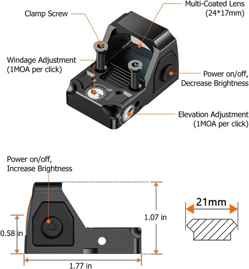 EZshoot Full-Sized Red/Green Dot Optic - 2MOA Dot with 12 Brightness Settings | RMR Compatible Scope