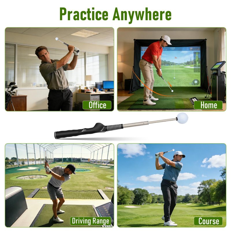 Anggugu Retractable Golf Swing Training Aid - Portable Grip Trainer with Click Feedback for Right Handed Golfers, Portable Swing Tempo Trainer with Arm Band for Indoor & Outdoor Practice