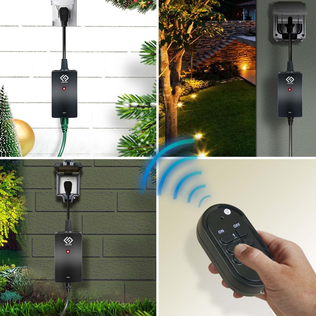 OSKOS Outdoor 3 Pack Outlets with Wireless Remote Control, 0.5ft Power Cord, Black.