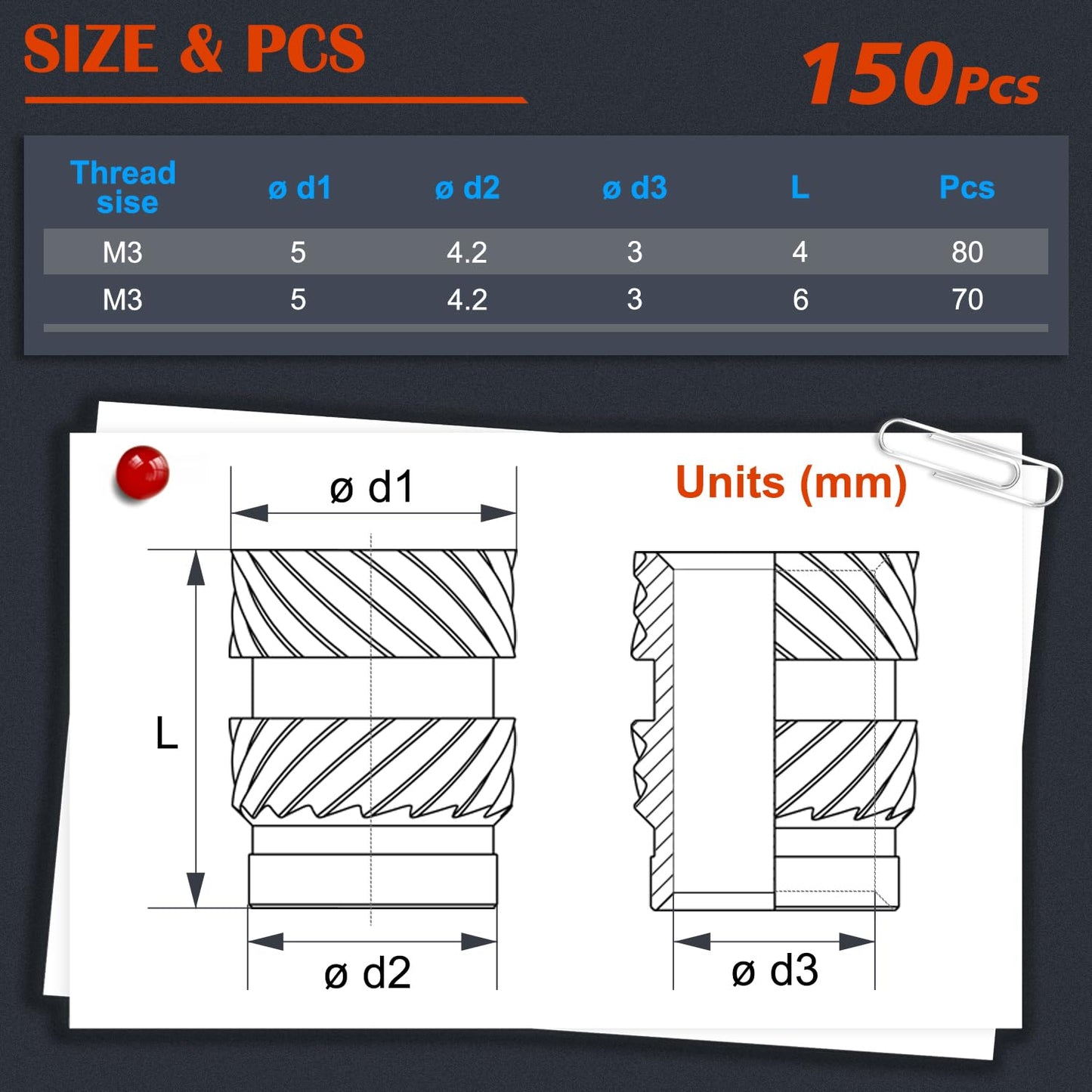 Ktehloy 150Pcs M3 Threaded Inserts, M3 Female Thread Metric Knurled Nuts Assortment Kit, Brass Heat Set Insert for Plastic and 3D Printing Components (M3x4x5, M3x6x5)