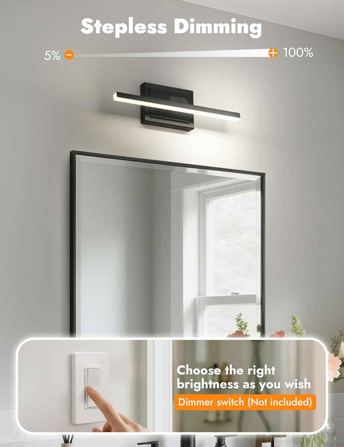NIORSUN 24-Inch Dimmable LED Bathroom Vanity Light Fixture - Modern Black Over Mirror Lighting, 5CCT, ETL Certified