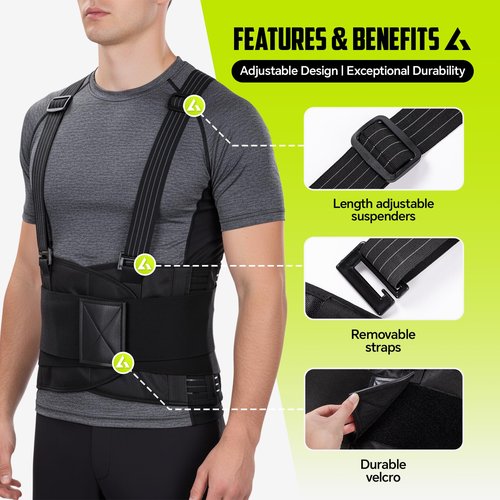 FHOCSLO Work Back Brace for Lower Back Pain with Suspenders, Adjustable Lumbar Back Support Belt for Men & Women-Heavy Lifting, Safety Protection, Sciatica Relief (XL)