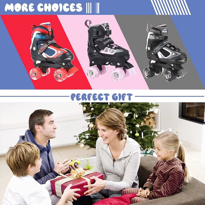 Nattork Kids Roller Skates for Boys Girls, 4 Sizes Adjustable Quad Skates with Light up Wheels,Beginner Kids Roller Skates Indoor Outdoor