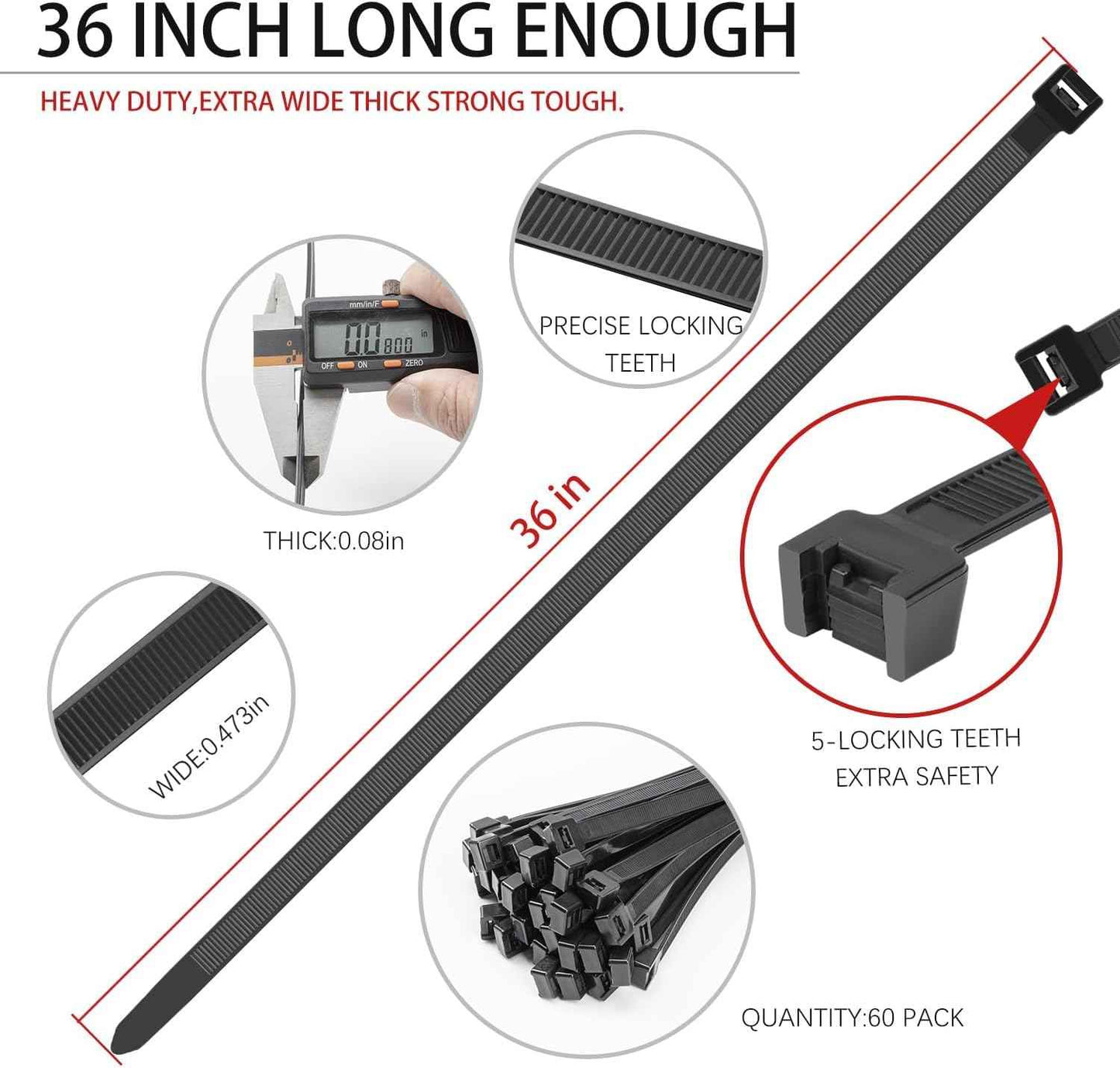 BethTie Black 36inch Zip Ties Heavy Duty 300 PCS, 250 LBS Ultra Strong Plastic Wire Ties, Large Cable Ties Extra Long Tie Wraps, Indoor and Outdoor UV Resistant