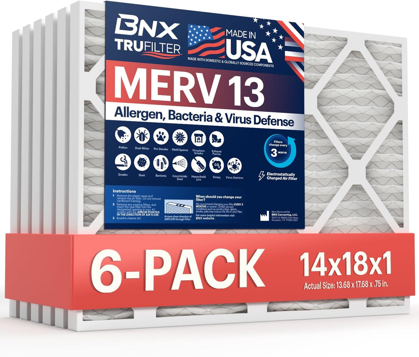 BNX TruFilter 12x12x1 MERV 8 Air Filters (6-Pack) - USA-Made Dust & Pet Defense for HVAC