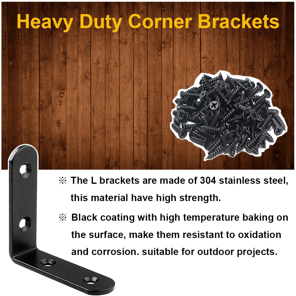 6 Pcs Black L Bracket Corner Braces Stainless Steel 65x65mm Heavy Duty Shelf Bracket for Wood, Shelves, 90 Degree Support Joint Right Angle Brackets