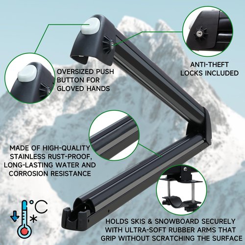 Just-V 33'' Aluminum Universal Ski Roof Rack Car Rack Carrier for Skis, Snowboards, Fishing Rods, Skateboards Easy to Use, Locking Fit Most Vehicles Equipped Crossbar (Black)