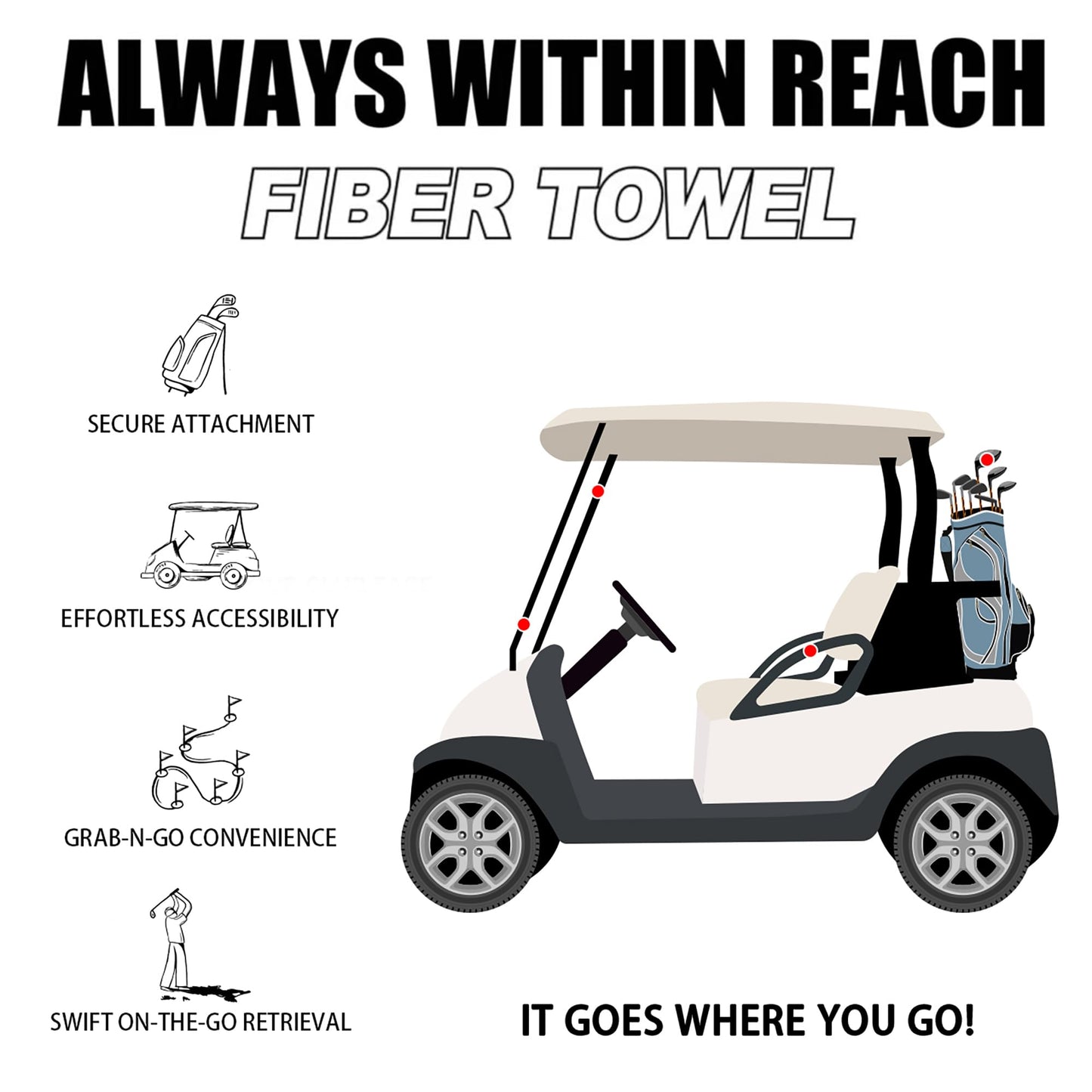 Magnetic Golf Towel with Carabiner Clip, 16"x16" Microfiber Waffle Design - Heavyweight, Soft & Absorbent, Industrial Strength Magnet for Strong Hold to Golf Bags, Carts & Clubs - Black