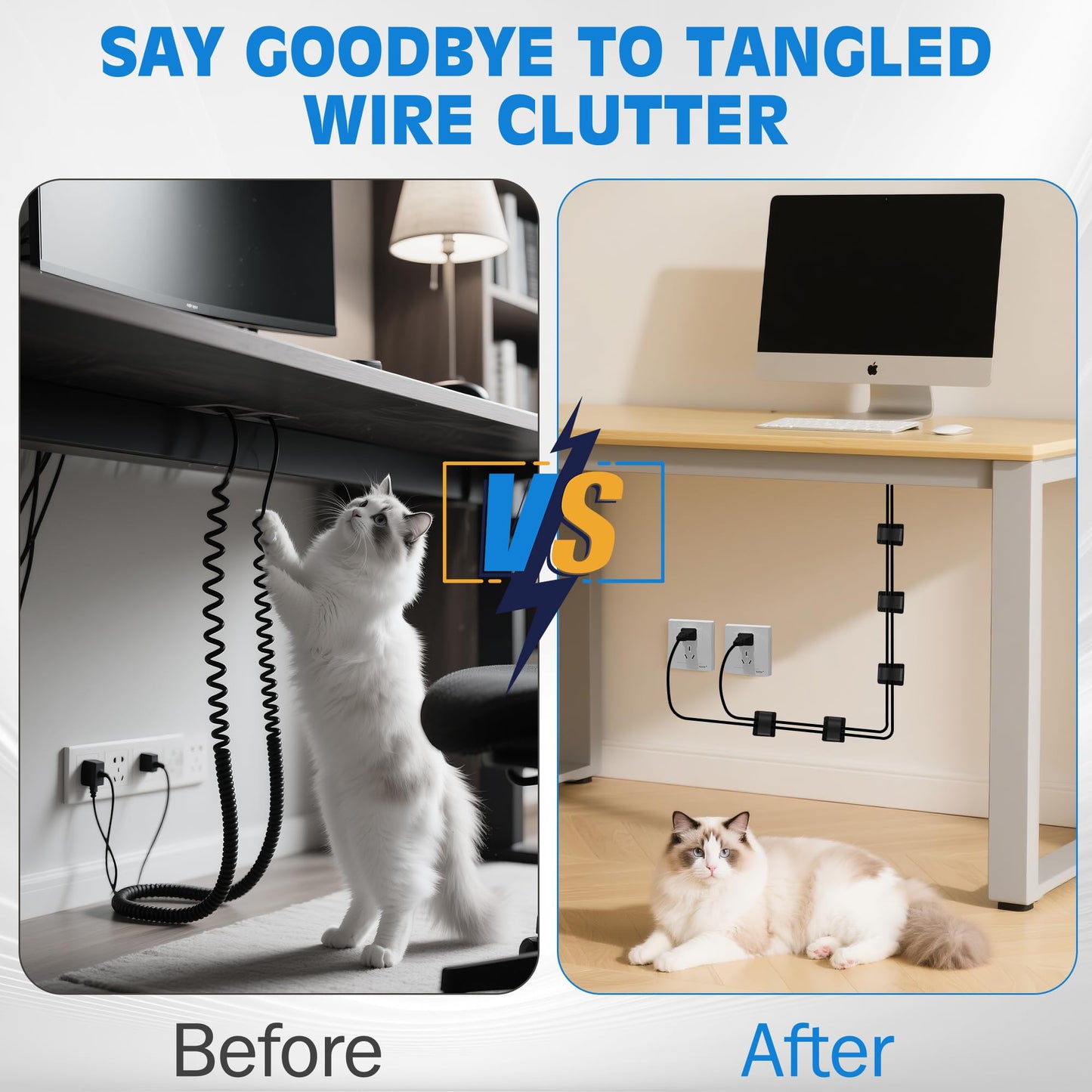 Vorona Under Desk Cable Management, 41pcs Adjustable Self Adhesive Hook and Loop Cable Ties, Up to 15 Cord, Enhanced Wire Holder, Reusable Cord Holder Organizer for Household & Office Essentials