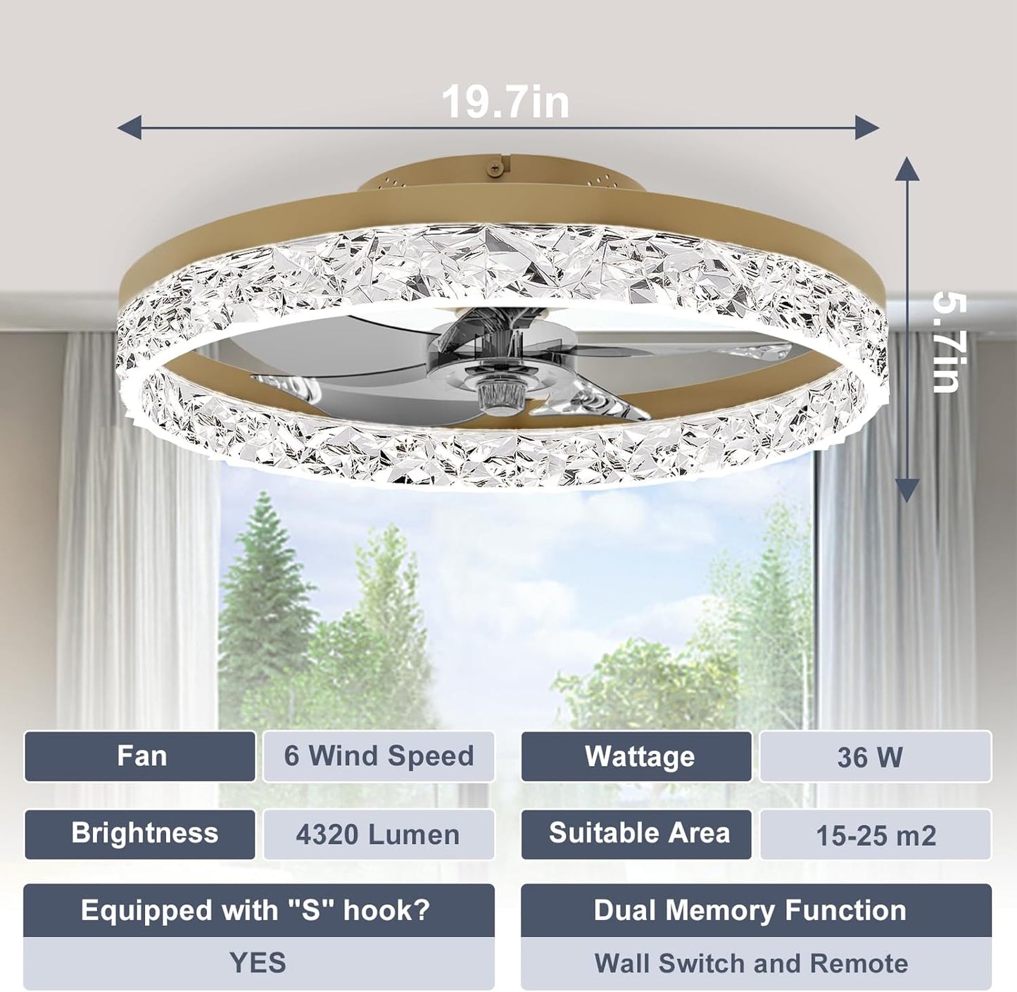 Modern Bladeless Ceiling Fan with Light & Remote - 15.7in Low Profile Fandelier, Dimmable 3000K-6500K for Bedroom