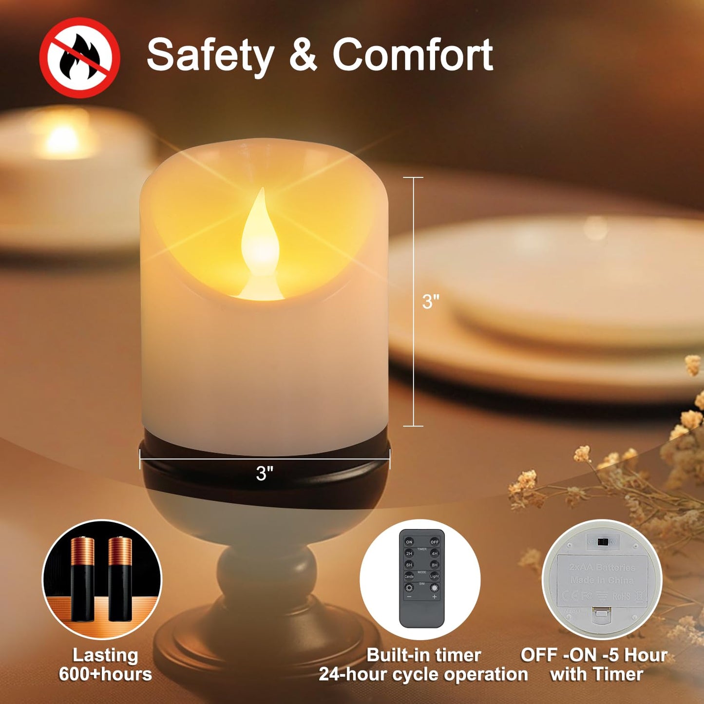 3"x3" Flickering Flameless Candles, Realistic LED Candles, Battery Operated Candles with Remote and Timers, Real Wax Electric Fake Pillar Candles for Festival Wedding Home Party Decor -2Pack