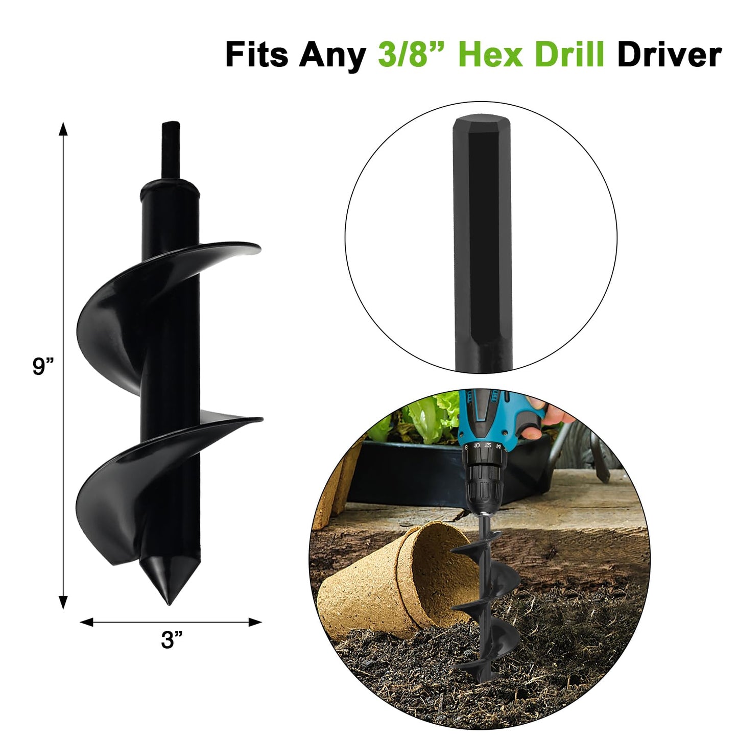 Auger Drill Bit for Planting 3 x 9 Inch, Garden Auger Spiral Bit Bulb Planter Tool Drill Auger for Planting Bulb, Bedding, Post or Umbrella Hole Digger for 3/8" Hex Drive