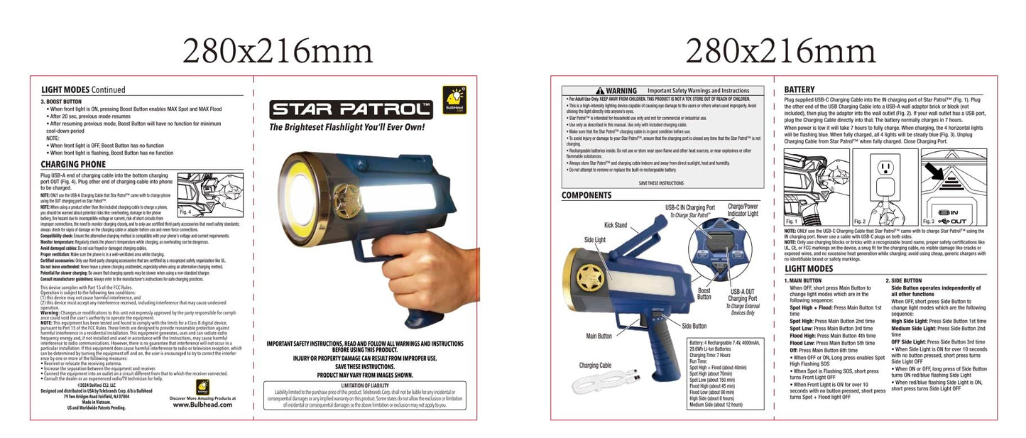 Star Patrol Mega-Bright Rechargeable Spotlight, AS SEEN ON TV, Tactical & Emergency Flashlight, 10 Modes, Turbo Boost Up to 100%, Built-in Kickstand & Phone Charger, for Camping, Emergencies, Walking