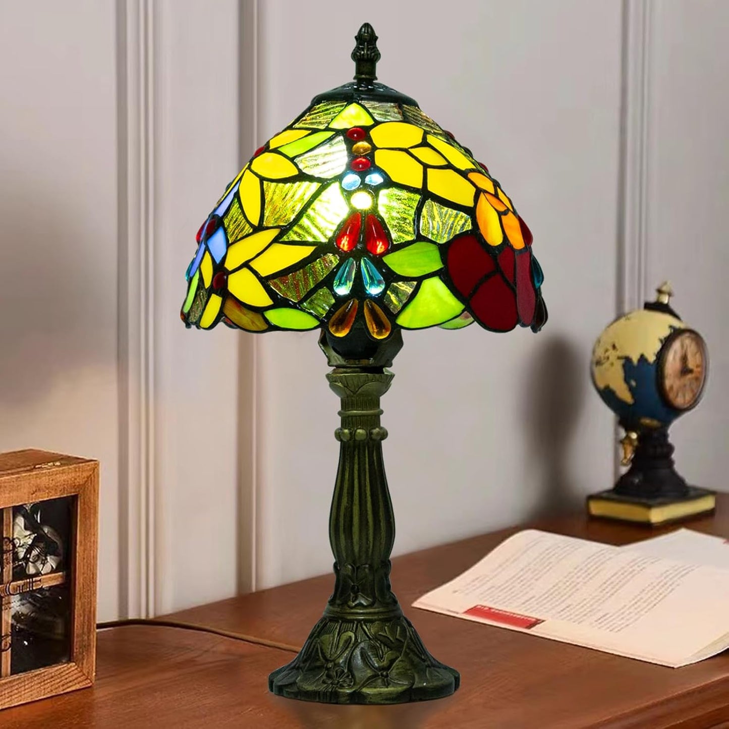 Tiffany Table Lamp - 8 Inch Antique Stained Glass, 3 Color Temperatures, Handcrafted for Bedroom & Living Room