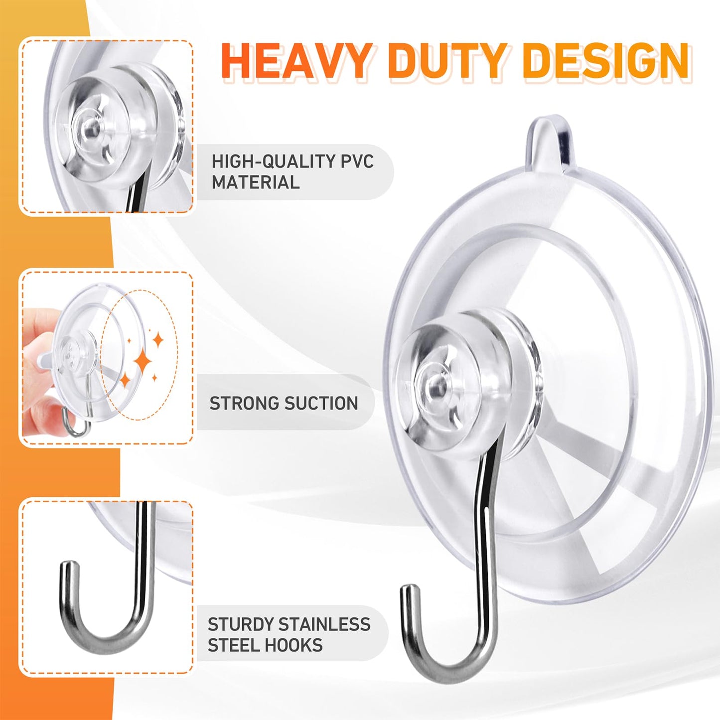 KORCCI Suction Cup Hooks 16Pack Assorted Size- 6 Small 8 Medium 2 Large, Clear Suction Cup, Stainless Steel Hook, No Trace, Reusable & Removable, for Tile, Glass, Window, Shower, Kitchen, Bathroom