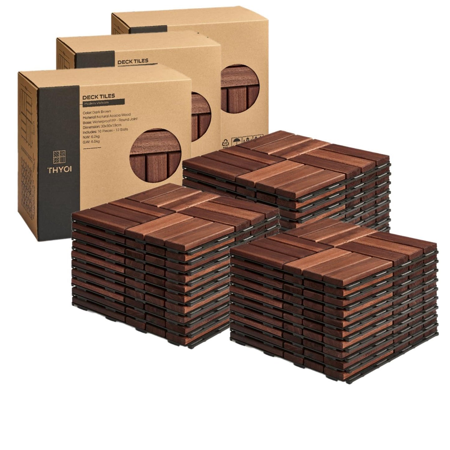 Outdoor Waterproof Acacia Wood Deck Tiles - 10 Pcs Patio Flooring for All Weather Use
