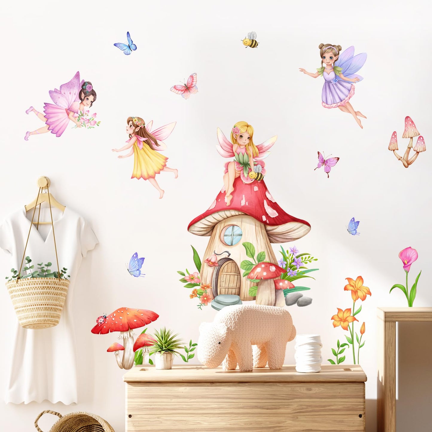 Supzone Mushroom House Fairy Wall Decals Elf Flowers Butterflies Wall Stickers Peel and Stick Vinyl Wall Art Decor for Girls Baby Nursery Bedroom Living Room