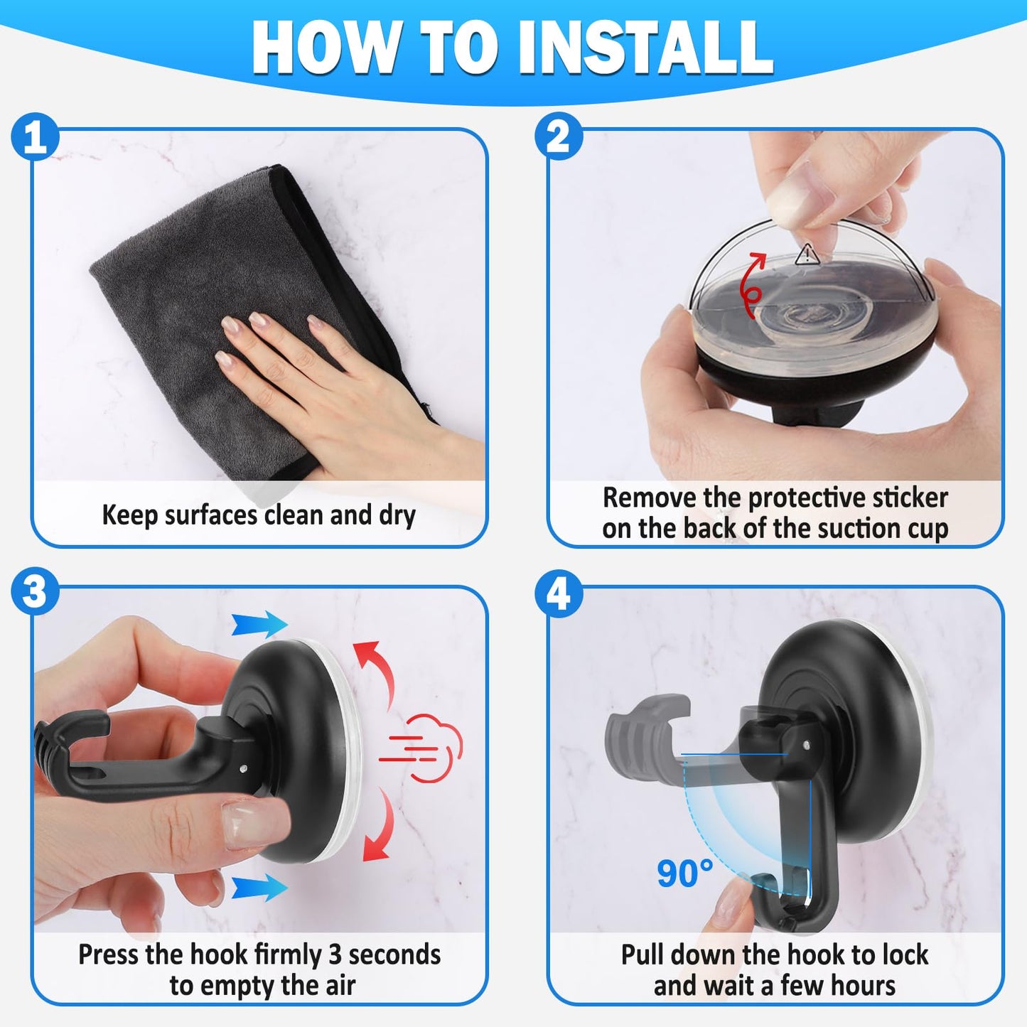 TACGEA Suction Cup Hooks for Shower, Powerful Vacuum Shower Hook for Towel, Robe, Loofah - Reuseable and Removeable Bathroom Hook, Black, 4 Pack