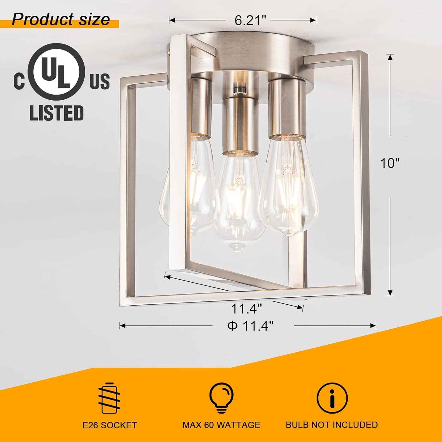 Brushed Nickel 3-Light Flush Mount Ceiling Light Fixture - Modern Geometric Design for Living Room, Kitchen, Dining Room, and Hallways