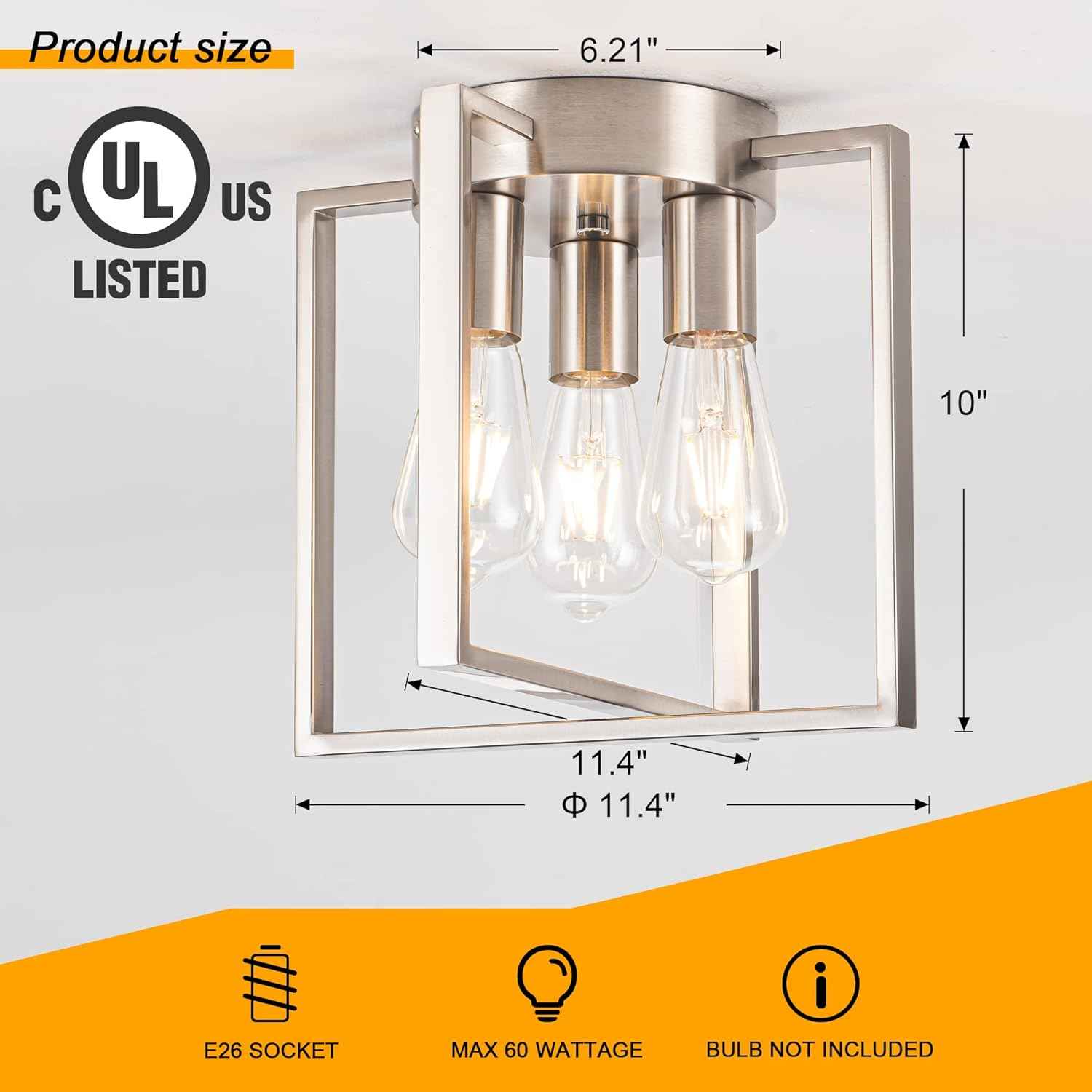 Brushed Nickel 3-Light Flush Mount Ceiling Light Fixture - Modern Geometric Design for Living Room, Kitchen, Dining Room, and Hallways