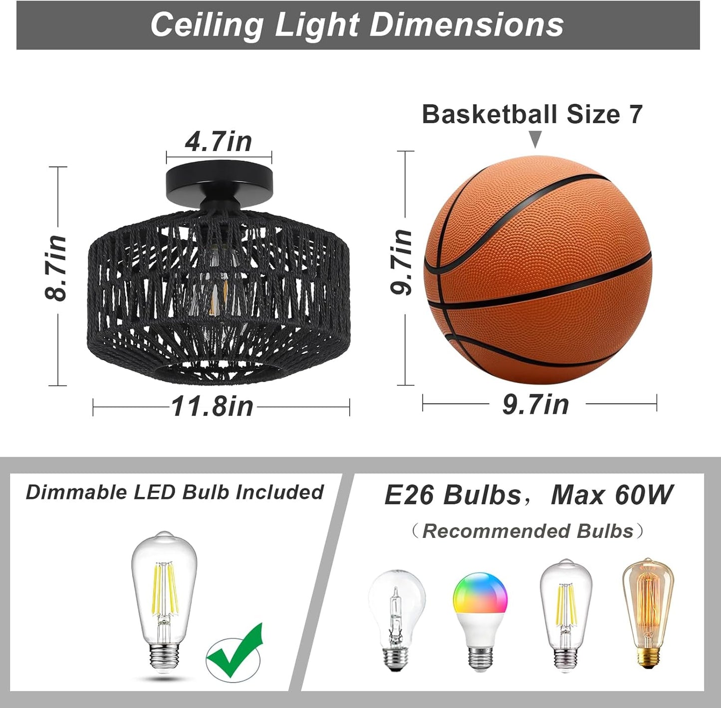 Boho Rattan Chandelier Ceiling Light Fixture with Dimmable LED Bulb - Hand Woven Flush Mount for Hallway, Bedroom, Kitchen & Living Room