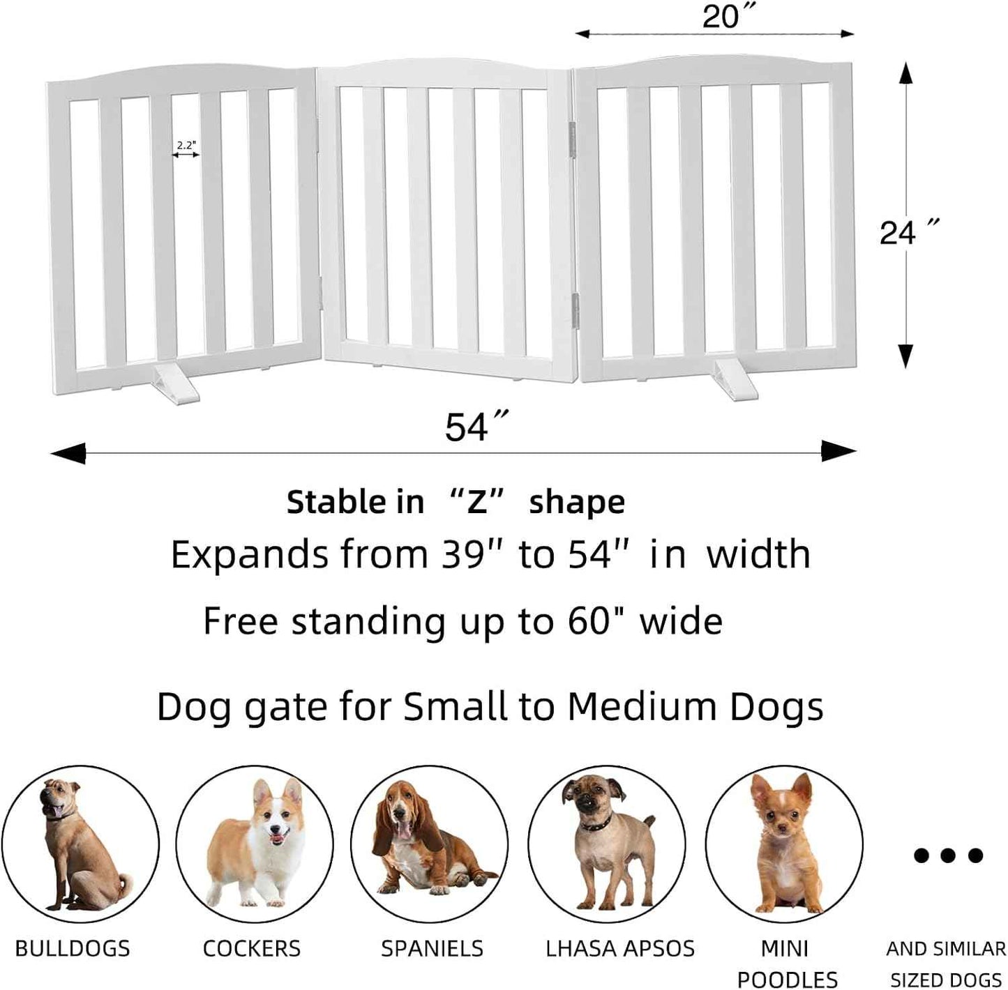 Foldable Indoor Dog Gate - 3-Panel Freestanding Pet Fence for Stairs & Hallways, 24" Height, White Wood