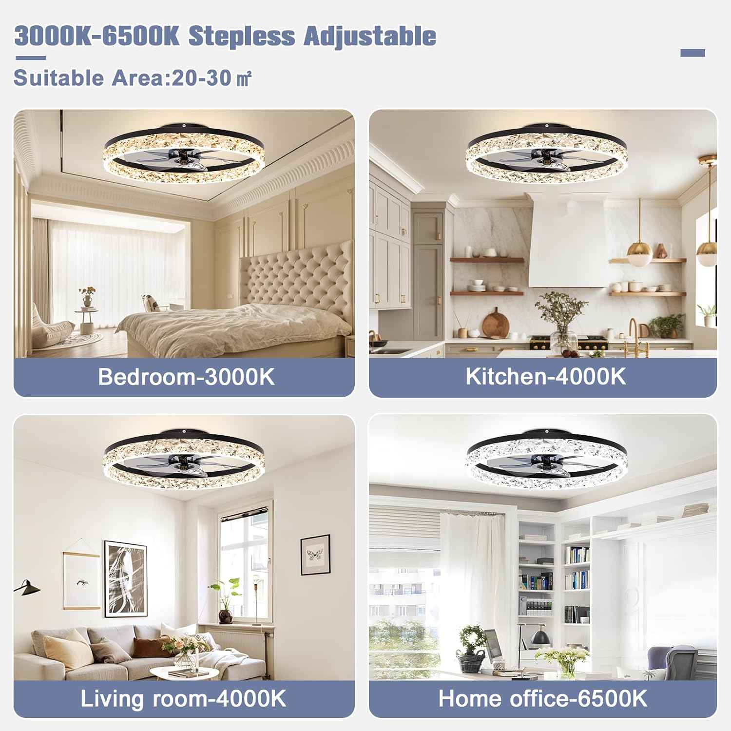 Modern Bladeless Ceiling Fan with Light & Remote - 15.7in Low Profile Fandelier, Dimmable 3000K-6500K for Bedroom