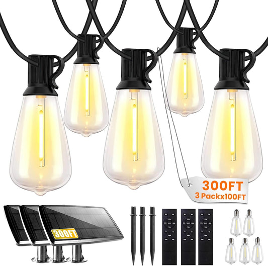 100FT Solar String Lights with Remote Control - Waterproof ST38 Edison Bulbs for Patio & Garden