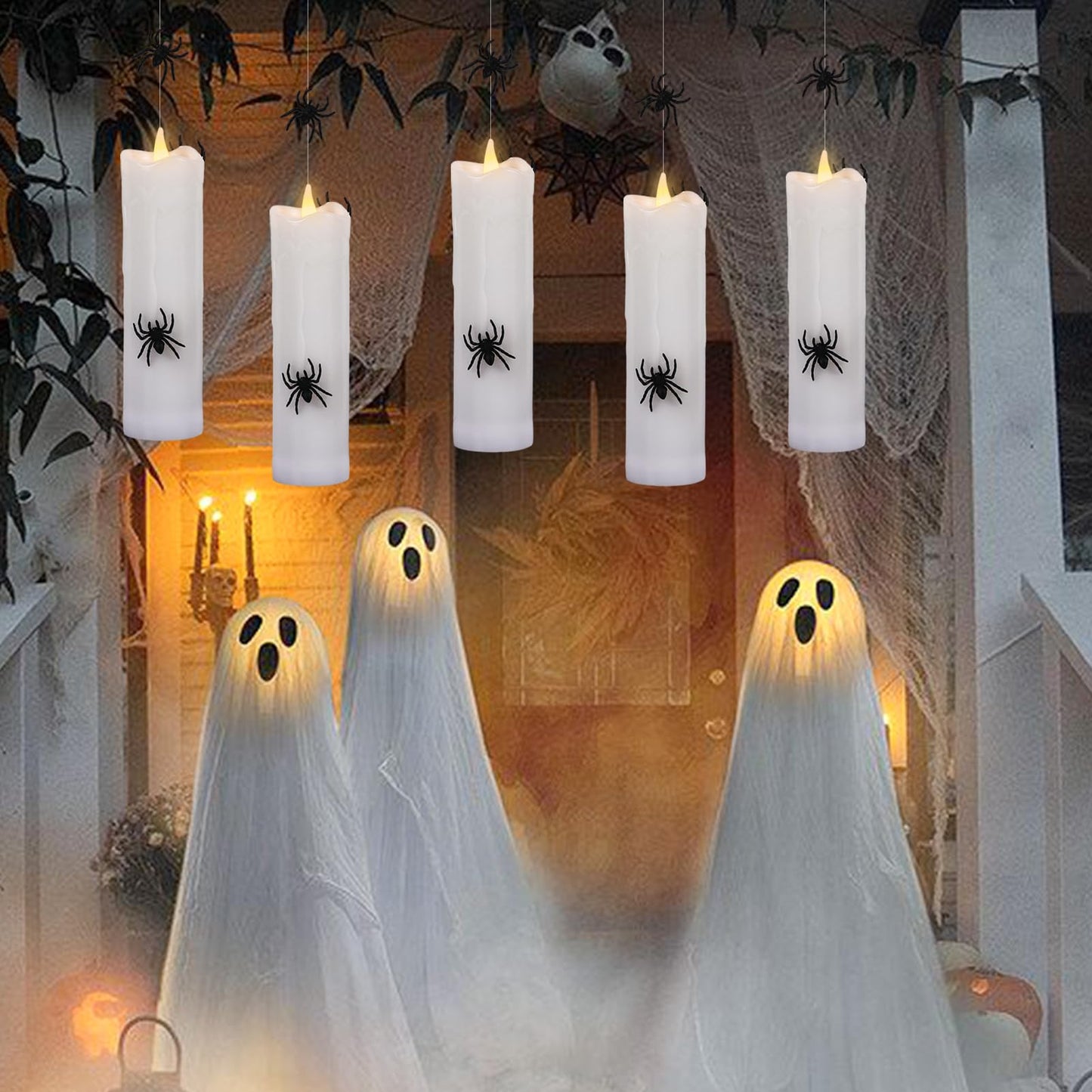 KunSwenn Halloween Floating Candles Flameless with 3D Spider, Set of 4 Hanging Candles Floating with Fishing Line, Floating Candle with Remote, Halloween Candle with 3 Black Spider for Home Decor