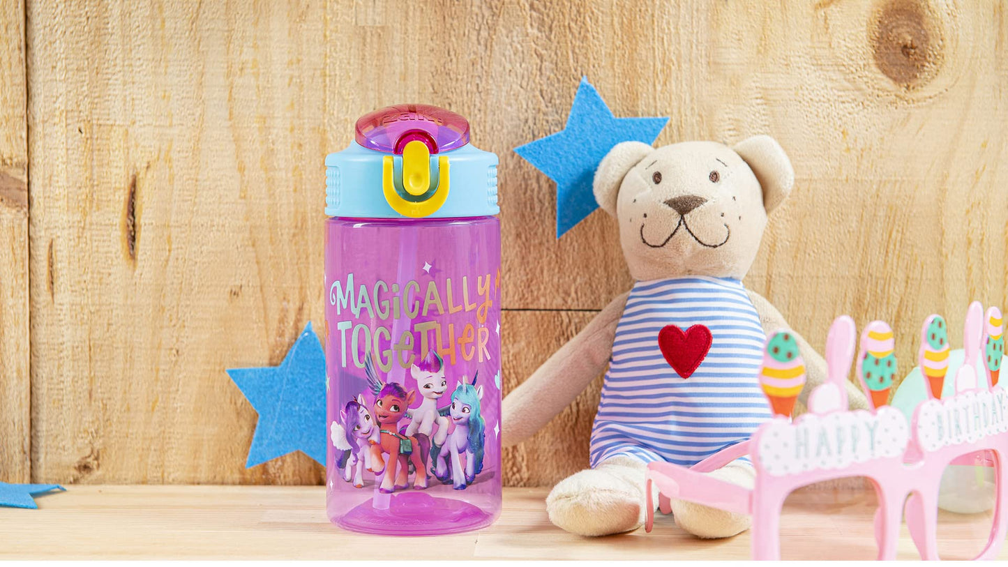 Zak Designs Kids Durable Plastic Spout Cover and Built-in Carrying Loop, Leak-Proof Water Design for Travel, (16oz, 2pc Set), My Little Pony 2pk