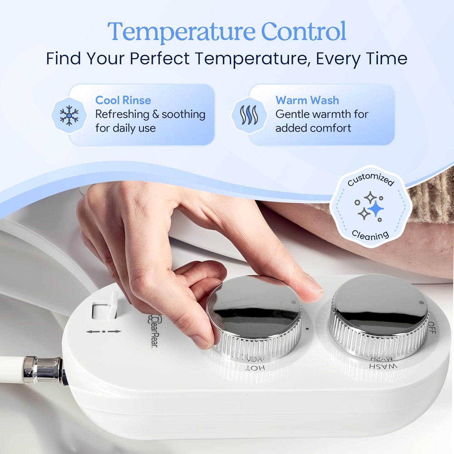 Non-Electric CLEAR REAR Bidet Attachment for Toilet - Self-Cleaning Dual Nozzle, Adjustable Pressure, White