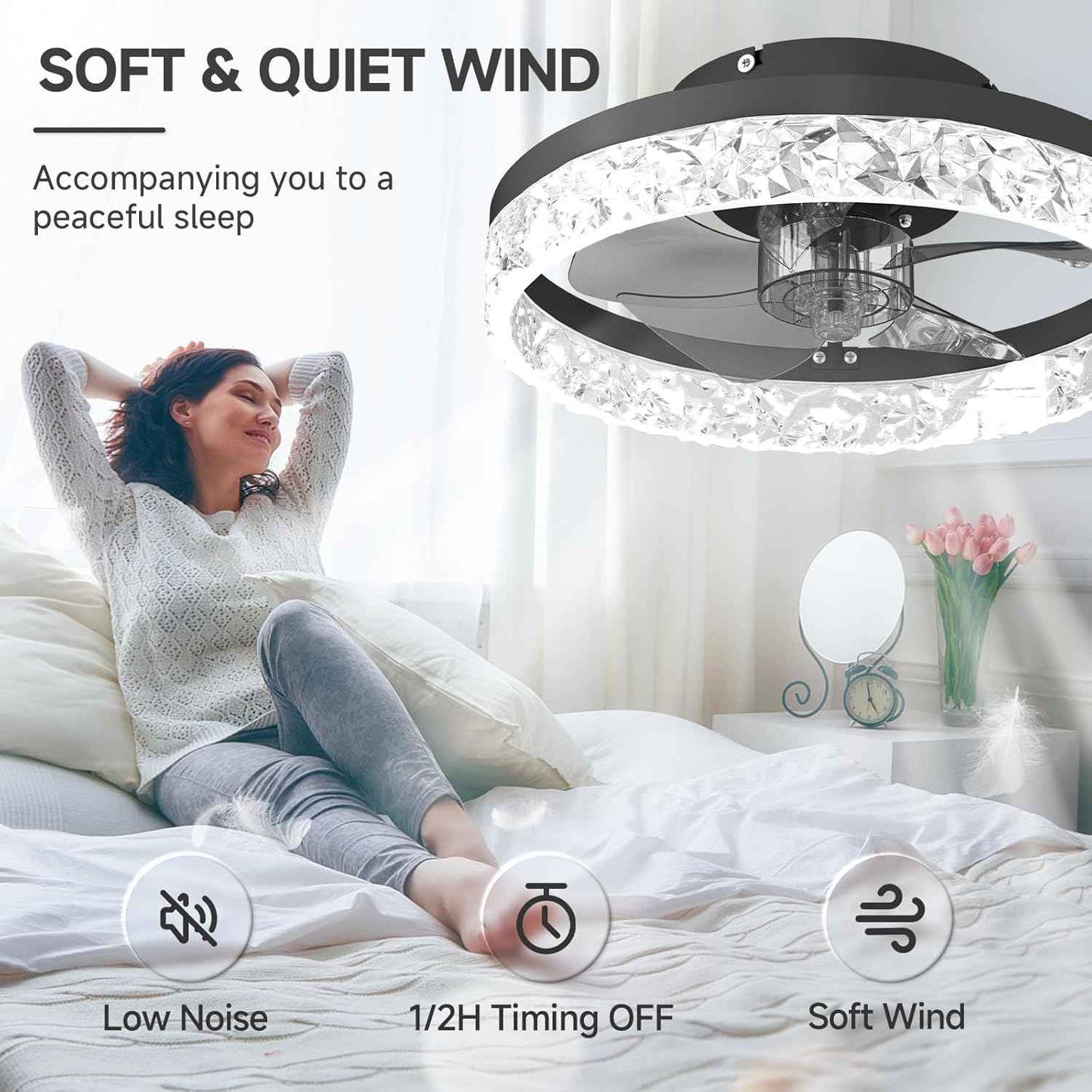 Modern Bladeless Ceiling Fan with Light & Remote - 15.7in Low Profile Fandelier, Dimmable 3000K-6500K for Bedroom