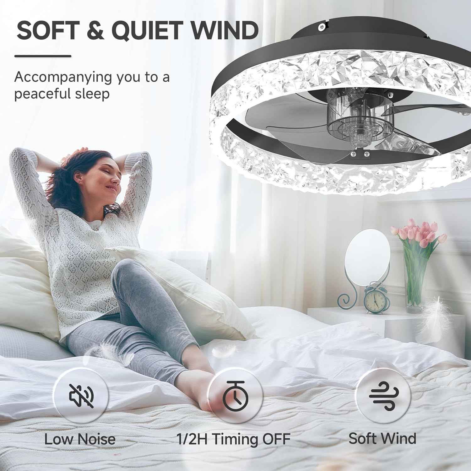 Modern Bladeless Ceiling Fan with Light & Remote - 15.7in Low Profile Fandelier, Dimmable 3000K-6500K for Bedroom