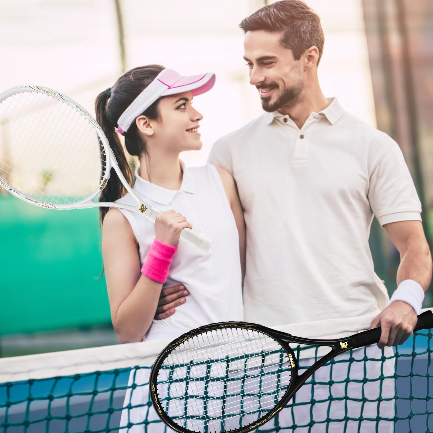 MBFISH Tennis Racket - Super Value Set with Pre-Strung, Comfortable Handle, 27'' Tennis Racquet for Adults, Includes 4 Tennis Balls, 2 Overgrips and 2 Tennis Bag (White Black)